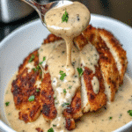 Spoon pouring creamy garlic herb sauce over crispy sliced chicken breast in a white bowl