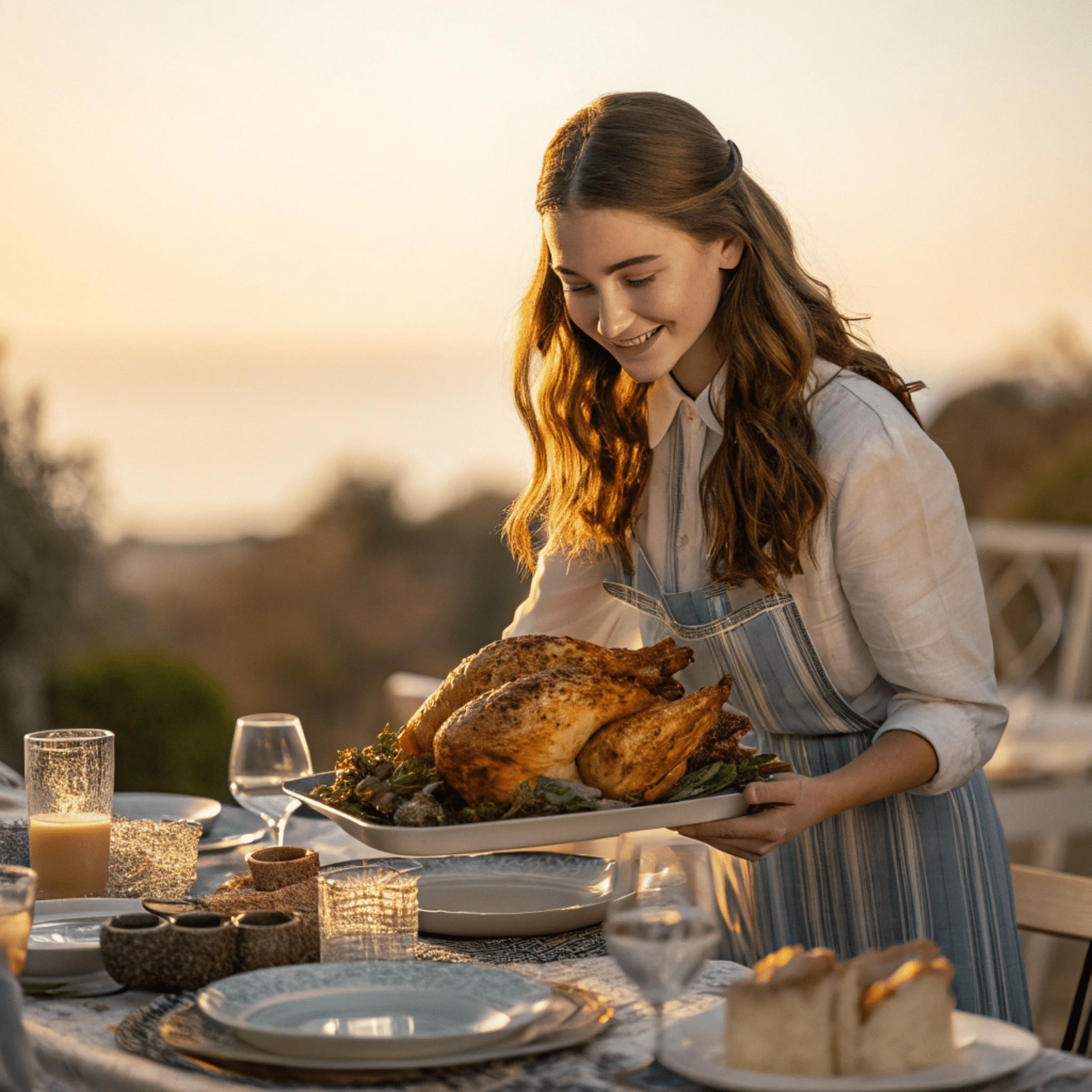 serving-roast-chicken-outdoor-sunset-dinner
