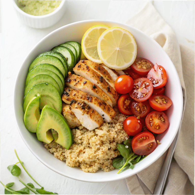 Grilled chicken served over quinoa with avocado, tomatoes, and fresh vegetables