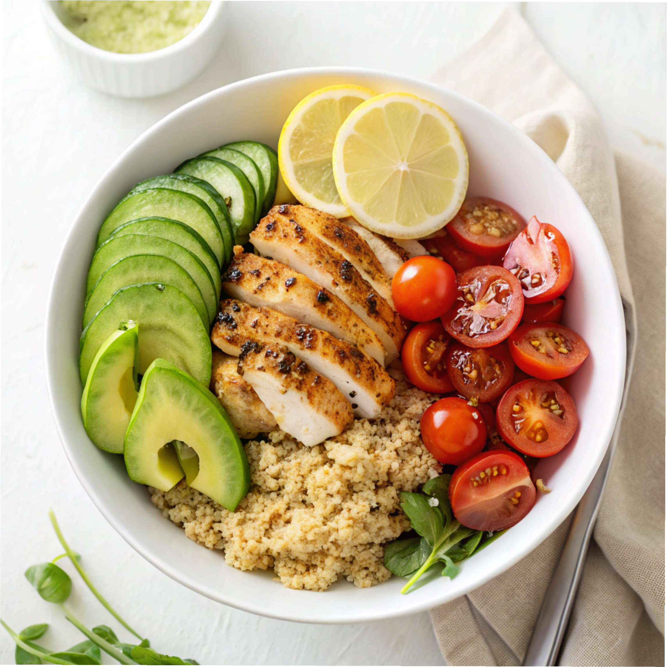 Grilled chicken served over quinoa with avocado, tomatoes, and fresh vegetables