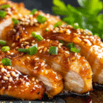 Close-up of sliced chicken breast glazed with sticky honey garlic sauce, topped with sesame seeds and green onions