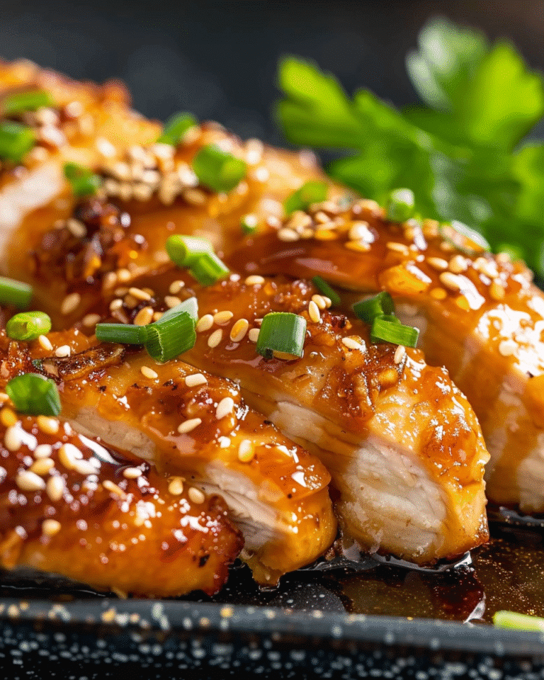 Close-up of sliced chicken breast glazed with sticky honey garlic sauce, topped with sesame seeds and green onions