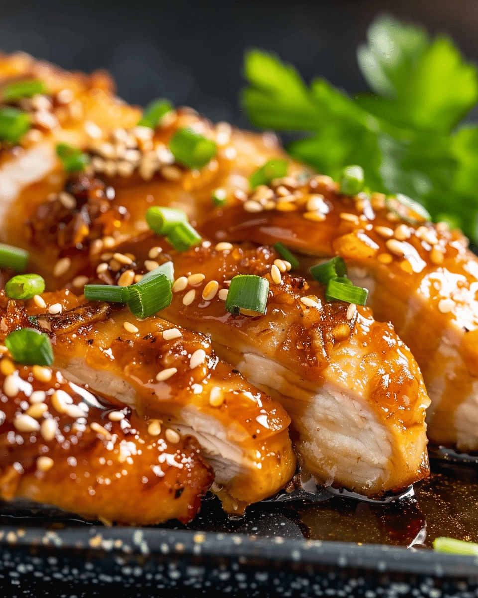 Close-up of sliced chicken breast glazed with sticky honey garlic sauce, topped with sesame seeds and green onions