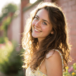 Smiling young woman with curly brown hair standing in a sunlit garden