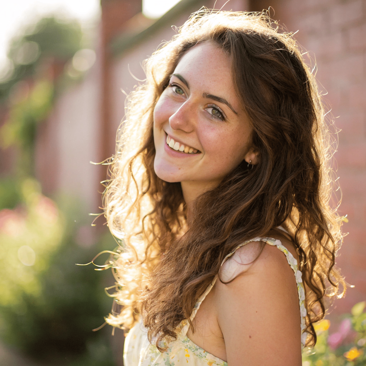 smiling-young-woman-sunlight-portrait Smiling young woman with curly brown hair standing in a sunlit garden