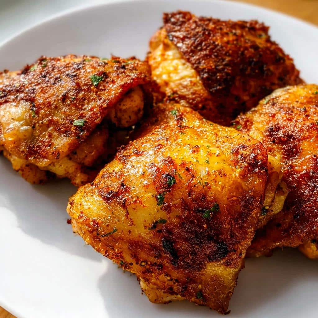 Four crispy, seasoned Air Fryer Carnivore Chicken Thighs served on a white plate.