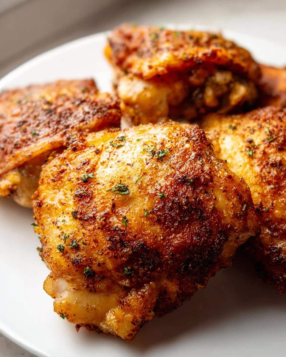Close-up of several crispy, seasoned Air Fryer Carnivore Chicken Thighs piled on a white plate.