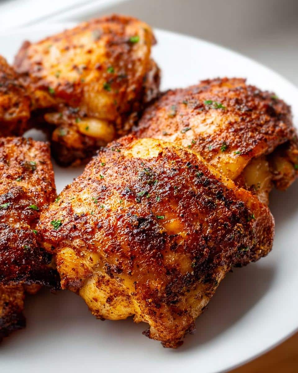 Close-up of several crispy, seasoned Air Fryer Carnivore Chicken Thighs served on a white plate.