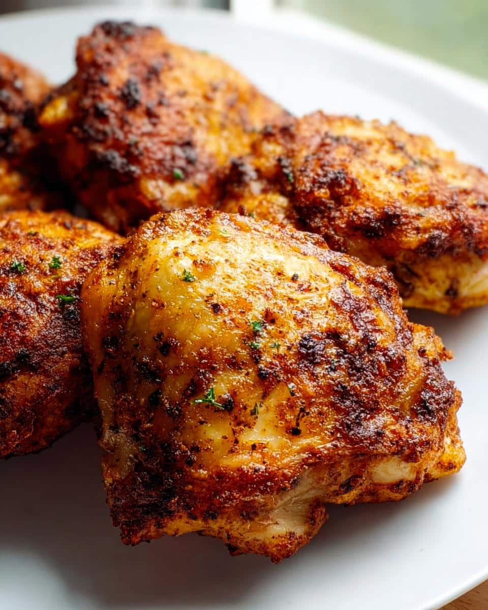 Close-up of several crispy, seasoned Air Fryer Carnivore Chicken Thighs resting on a white plate.
