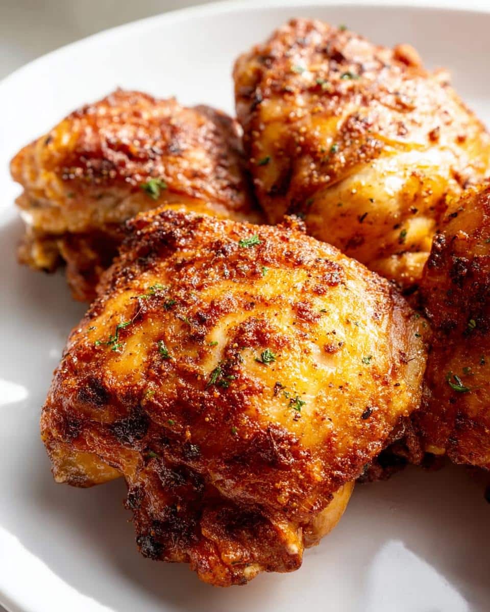 Close-up of four perfectly cooked Air Fryer Carnivore Chicken Thighs with crispy, seasoned skin on a white plate.