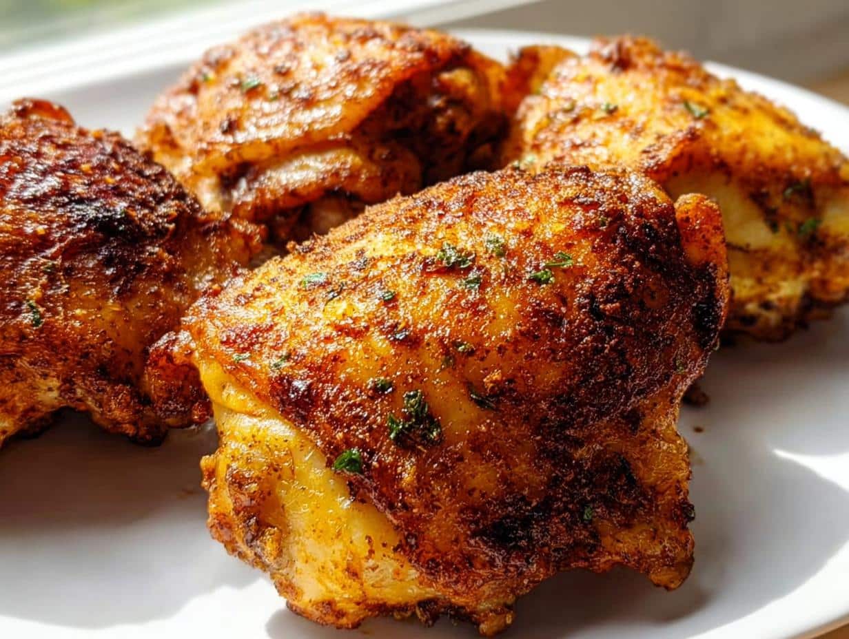 Four perfectly cooked Air Fryer Carnivore Chicken Thighs with crispy, seasoned skin on a white plate.