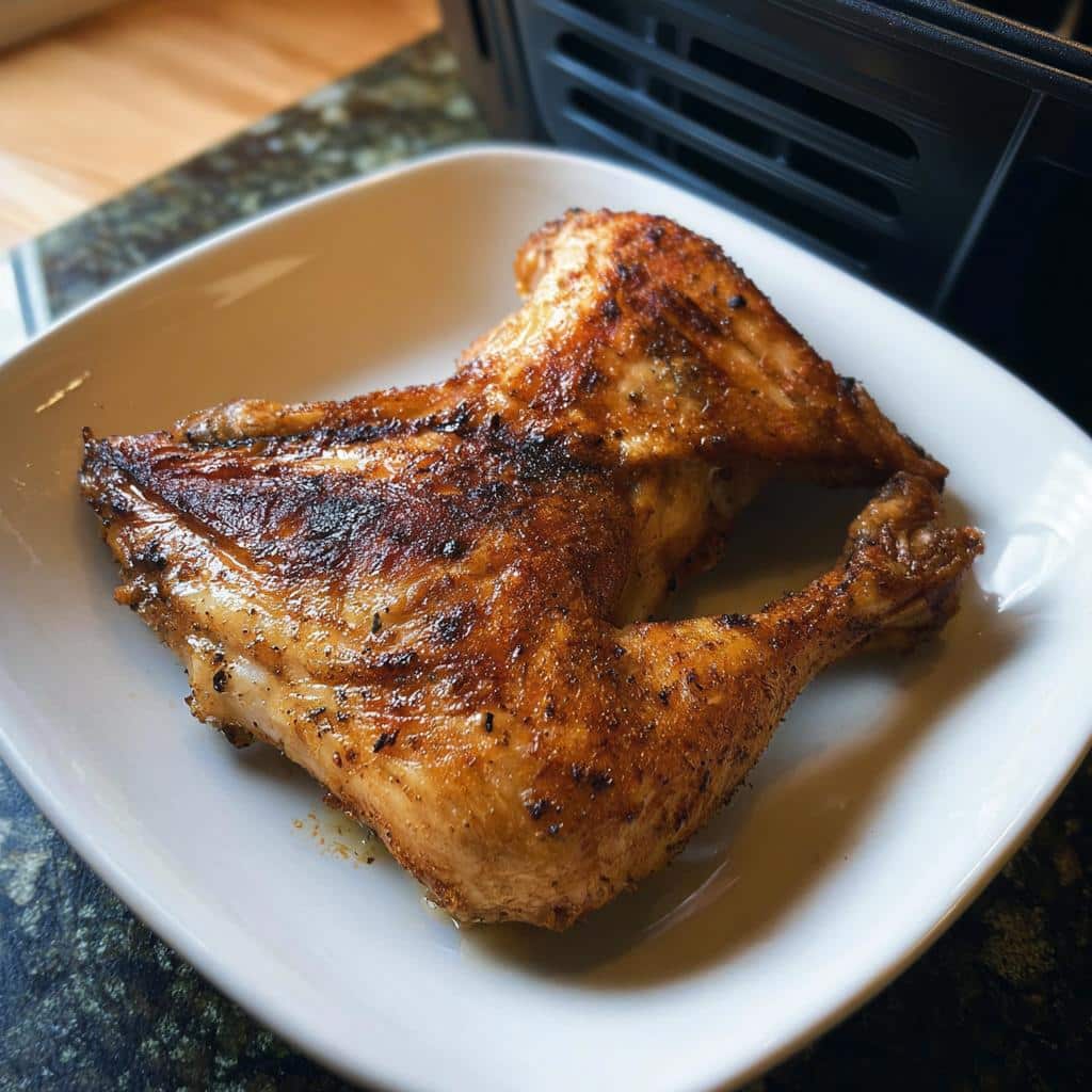 A single, perfectly cooked Air Fryer Chicken Leg Quarters with crispy, browned skin on a white plate.