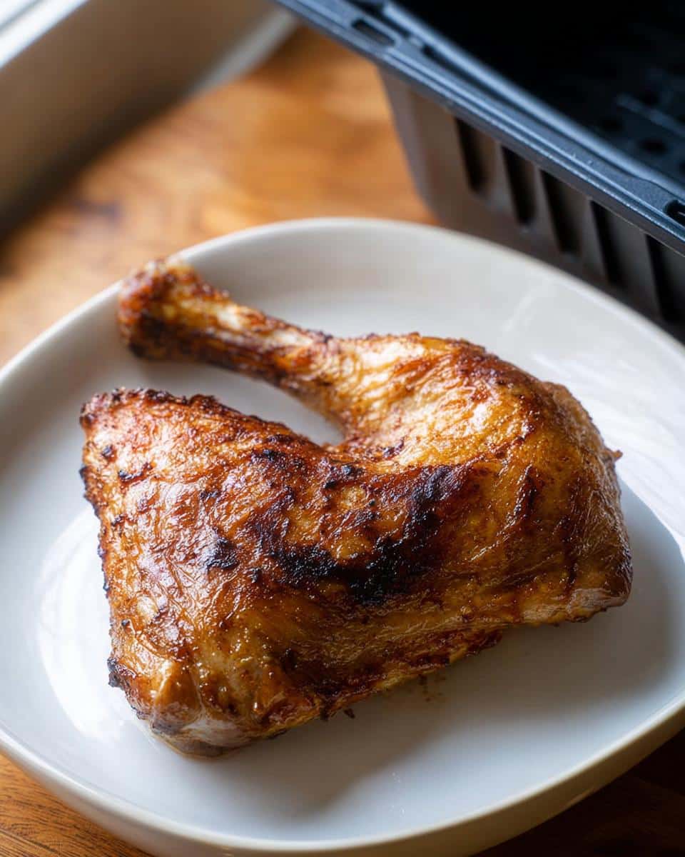 A perfectly cooked, crispy Air Fryer Chicken Leg Quarters resting on a white plate with the air fryer basket visible in the background.