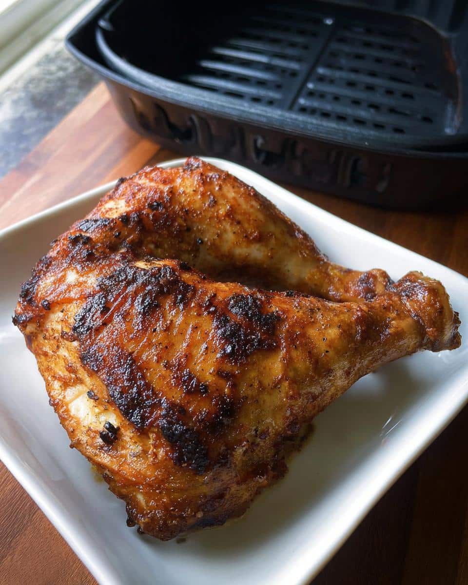 Two perfectly cooked Air Fryer Chicken Leg Quarters with crispy, seasoned skin resting on a white dish.