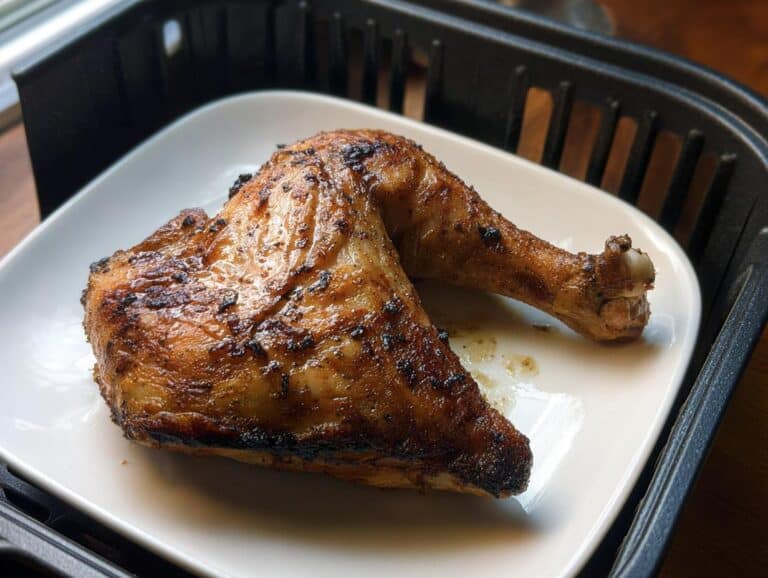 A perfectly cooked, crispy Air Fryer Chicken Leg Quarters resting on a white plate, showing browned skin.