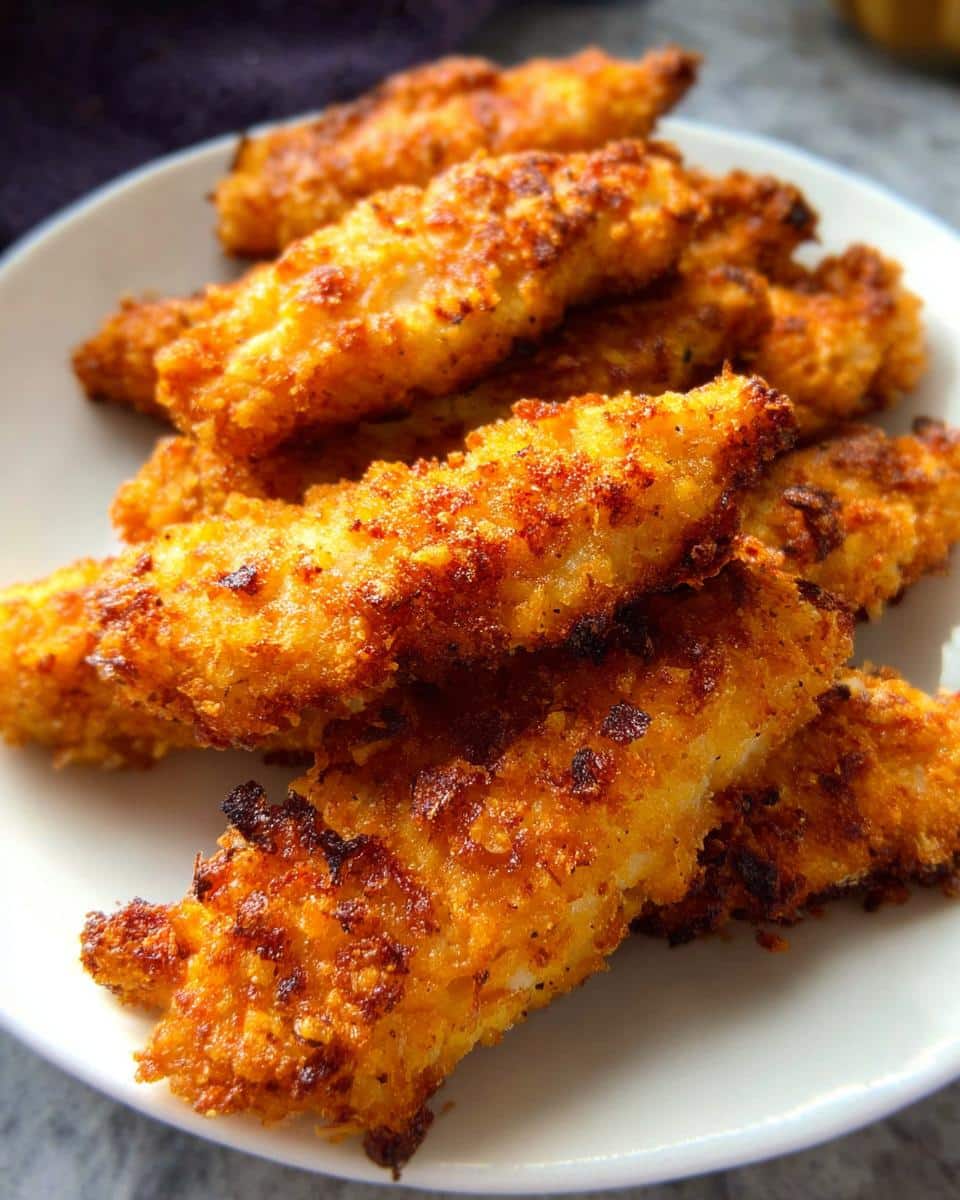 Close-up of golden brown, crispy Air Fryer Chicken Parmesan Strips piled on a white plate.