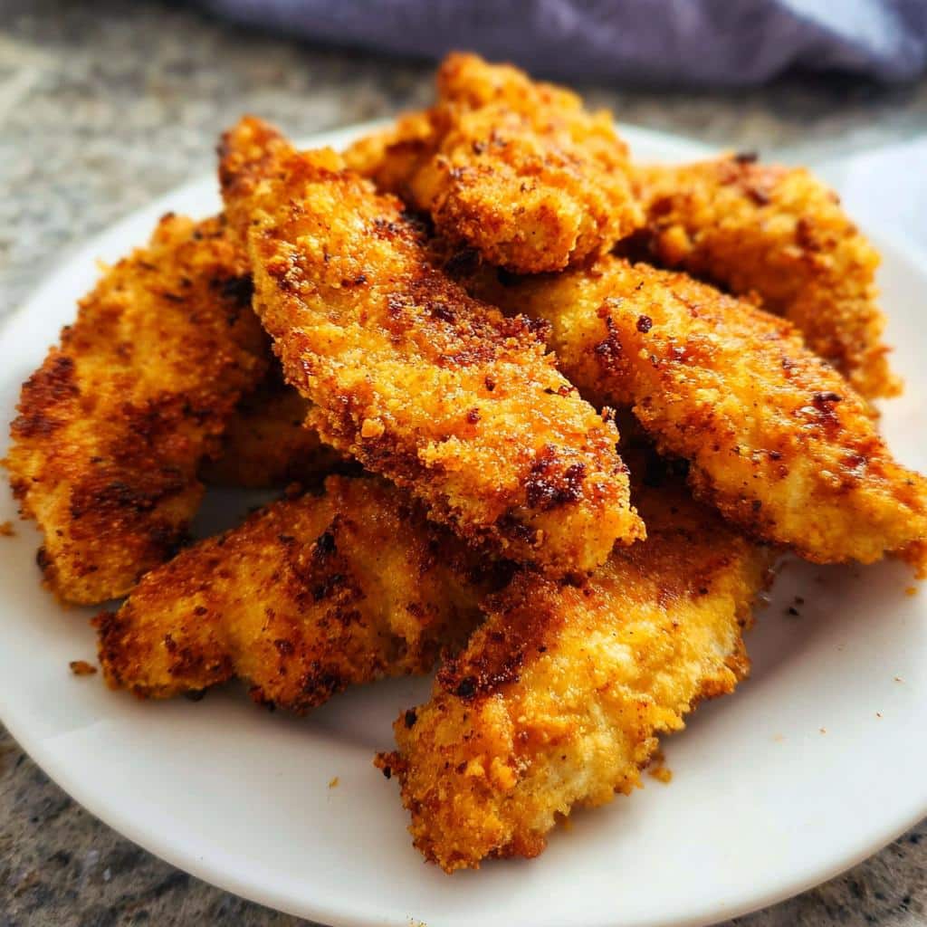 A pile of crispy, golden brown Air Fryer Chicken Parmesan Strips served on a white plate.