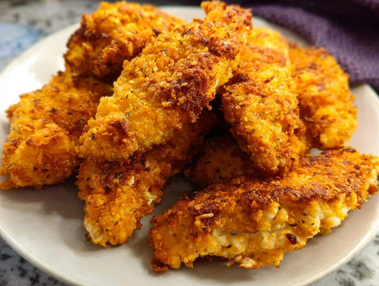 A close-up of several crispy, golden Air Fryer Chicken Parmesan Strips piled on a light gray plate.