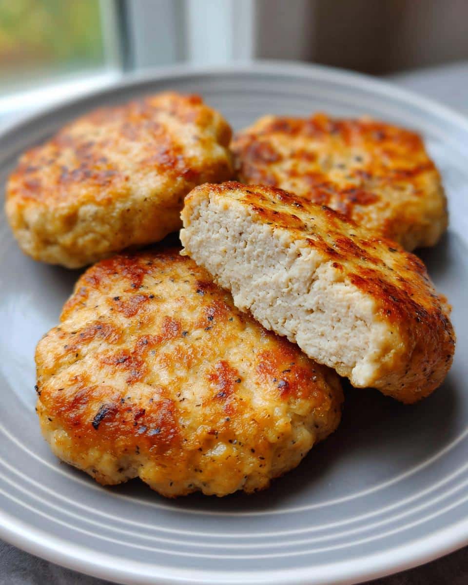 Close-up of golden brown Air Fryer Chicken Patties (Egg & Chicken Only), one cut open showing moist interior.