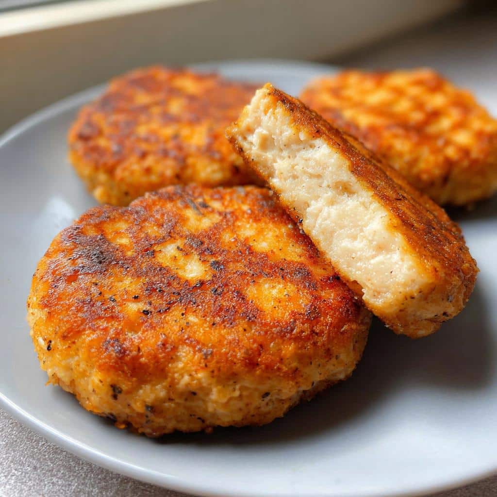 Close-up of golden brown Air Fryer Chicken Patties, one cut in half showing the moist interior.