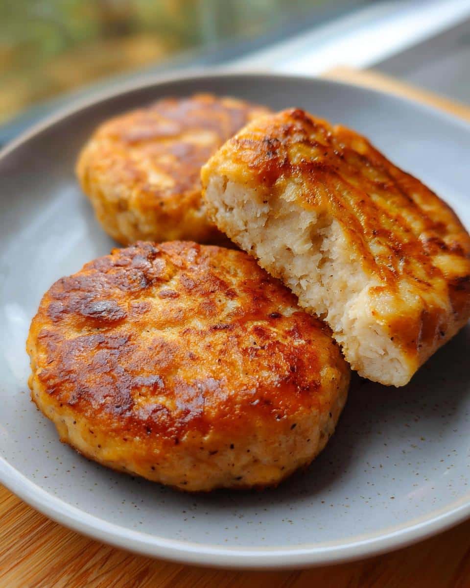 Three golden brown Air Fryer Chicken Patties (Egg & Chicken Only) on a grey plate, one cut open showing the moist interior.