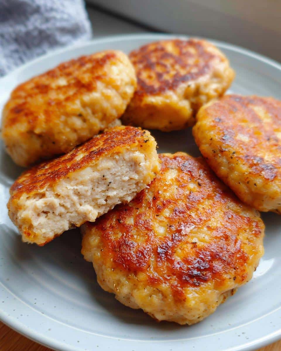 Close-up of golden brown Air Fryer Chicken Patties (Egg & Chicken Only) on a plate, one cut in half showing the moist interior.
