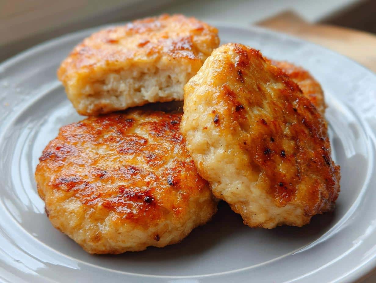Close-up of three golden-brown Air Fryer Chicken Patties (Egg & Chicken Only) stacked on a light grey plate.