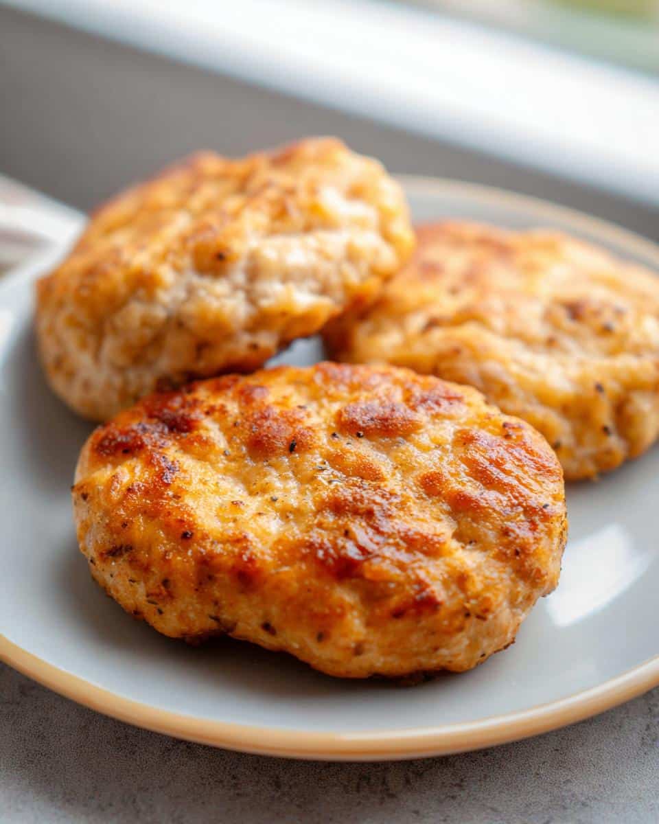 Three golden-brown Air Fryer Chicken Patties (Egg & Chicken Only) resting on a light gray plate near a window.