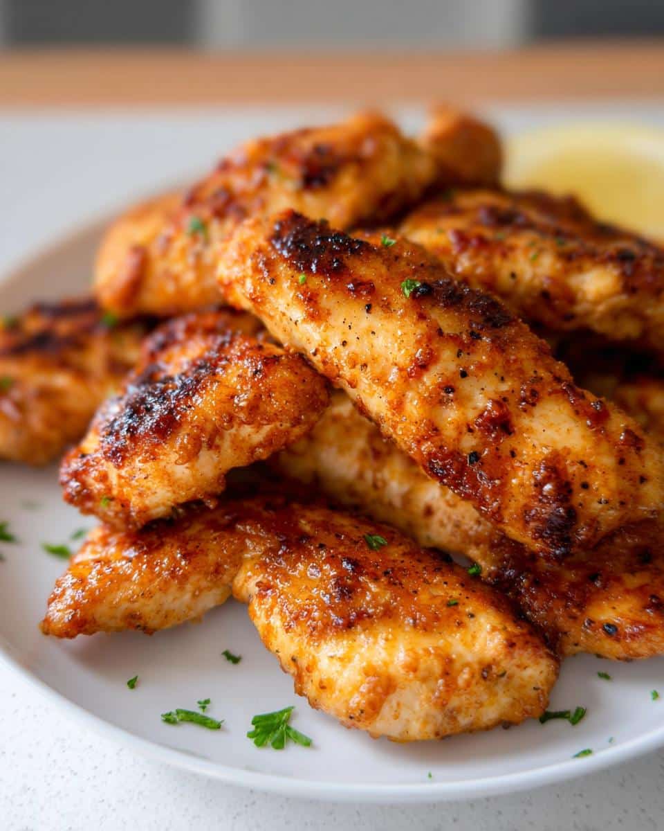 A close-up of golden-brown Air Fryer Chicken Tenderloins with Ghee, seasoned and garnished with parsley on a white plate.