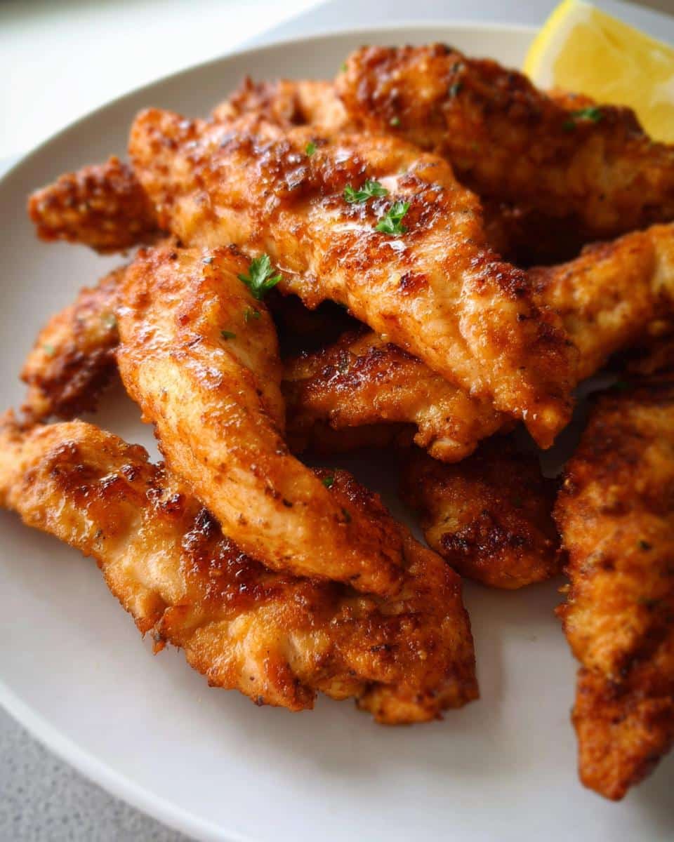 A plate of perfectly cooked, golden brown Air Fryer Chicken Tenderloins with Ghee, garnished with parsley and a lemon wedge.