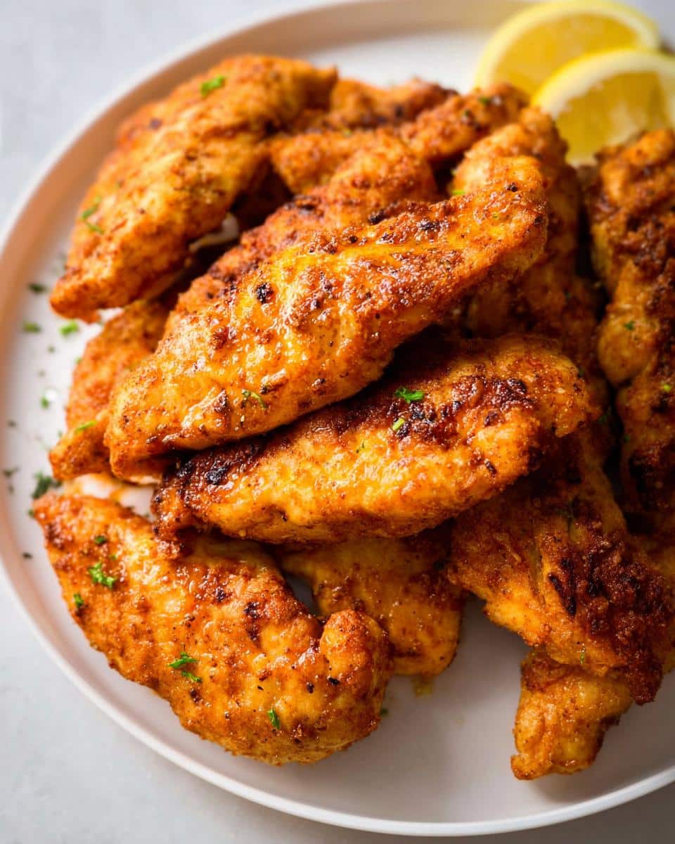 Close-up of golden brown Air Fryer Chicken Tenderloins with Ghee piled on a white plate, garnished with parsley and lemon wedges.