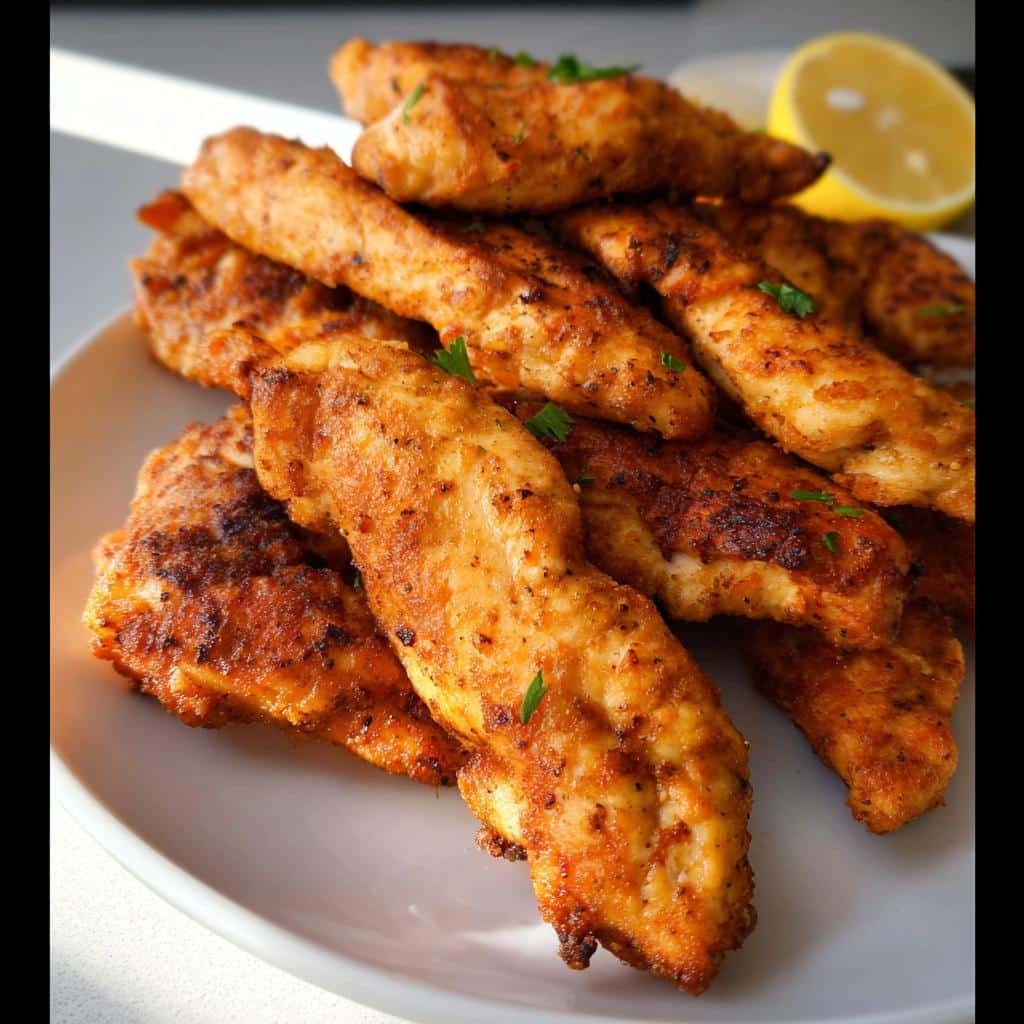 A plate piled high with seasoned, golden Air Fryer Chicken Tenderloins with Ghee, garnished with parsley and a lemon wedge.