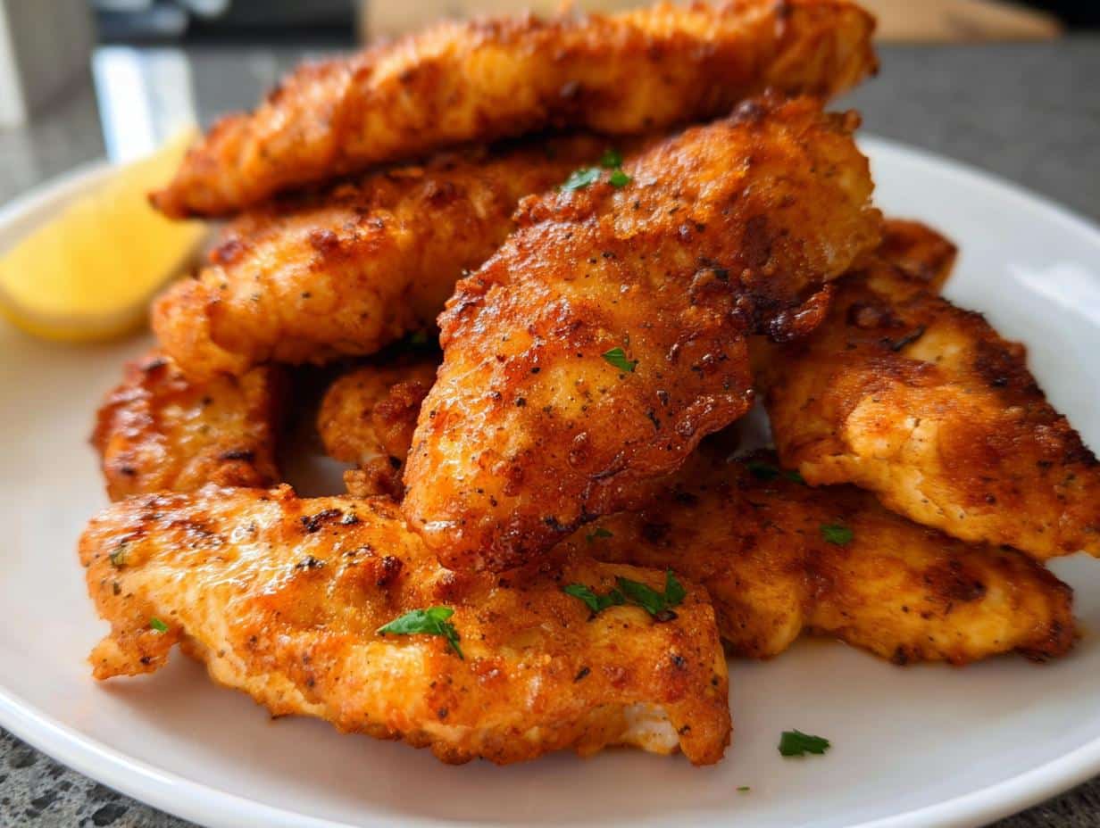 A pile of golden brown, seasoned Air Fryer Chicken Tenderloins with Ghee served on a white plate with a lemon wedge.
