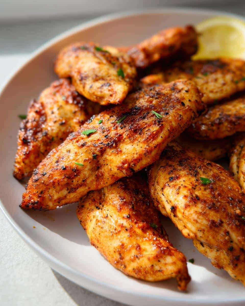 A close-up of perfectly cooked Air Fryer Chicken Tenderloins with Ghee, seasoned and piled on a white plate with a lemon wedge.