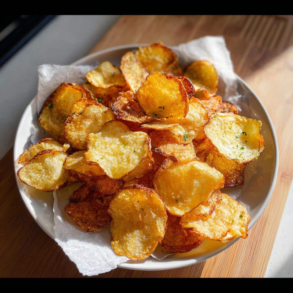 A bowl piled high with golden, crispy Air Fryer Crispy Potato Chips, lightly sprinkled with herbs.