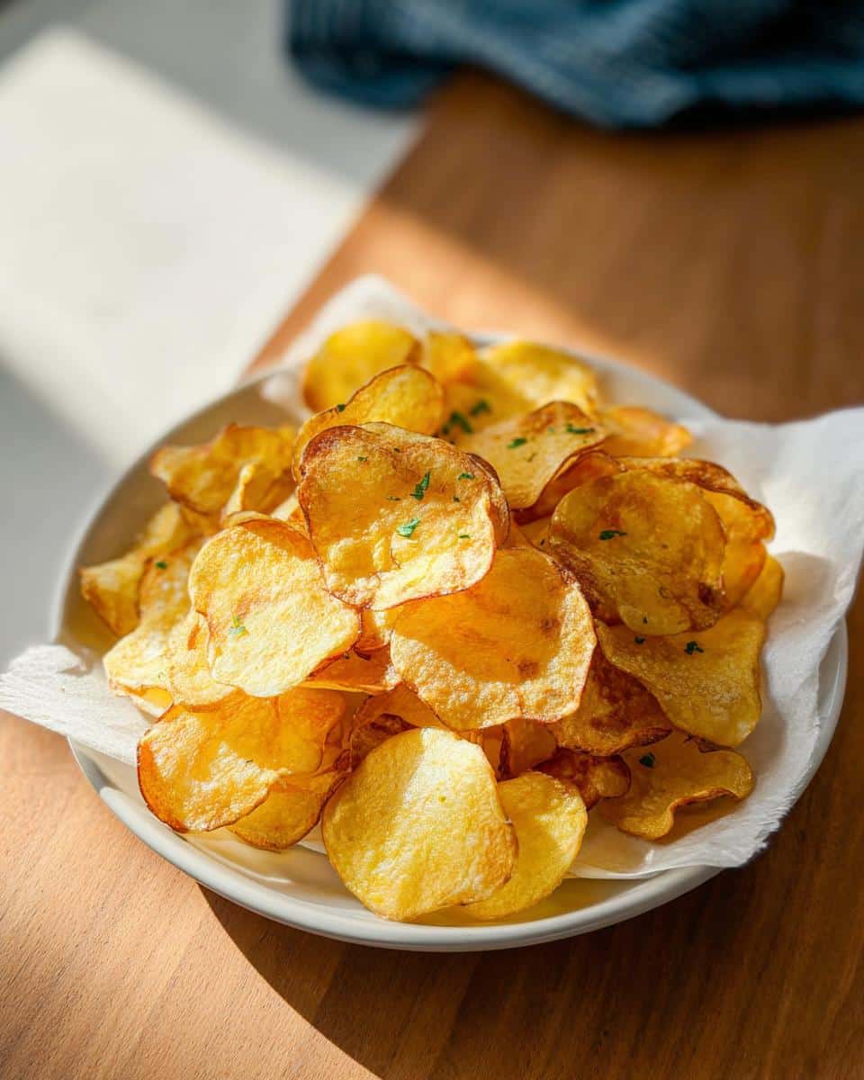 A close-up of golden, crispy Air Fryer Crispy Potato Chips piled high on a white plate lined with paper towel.