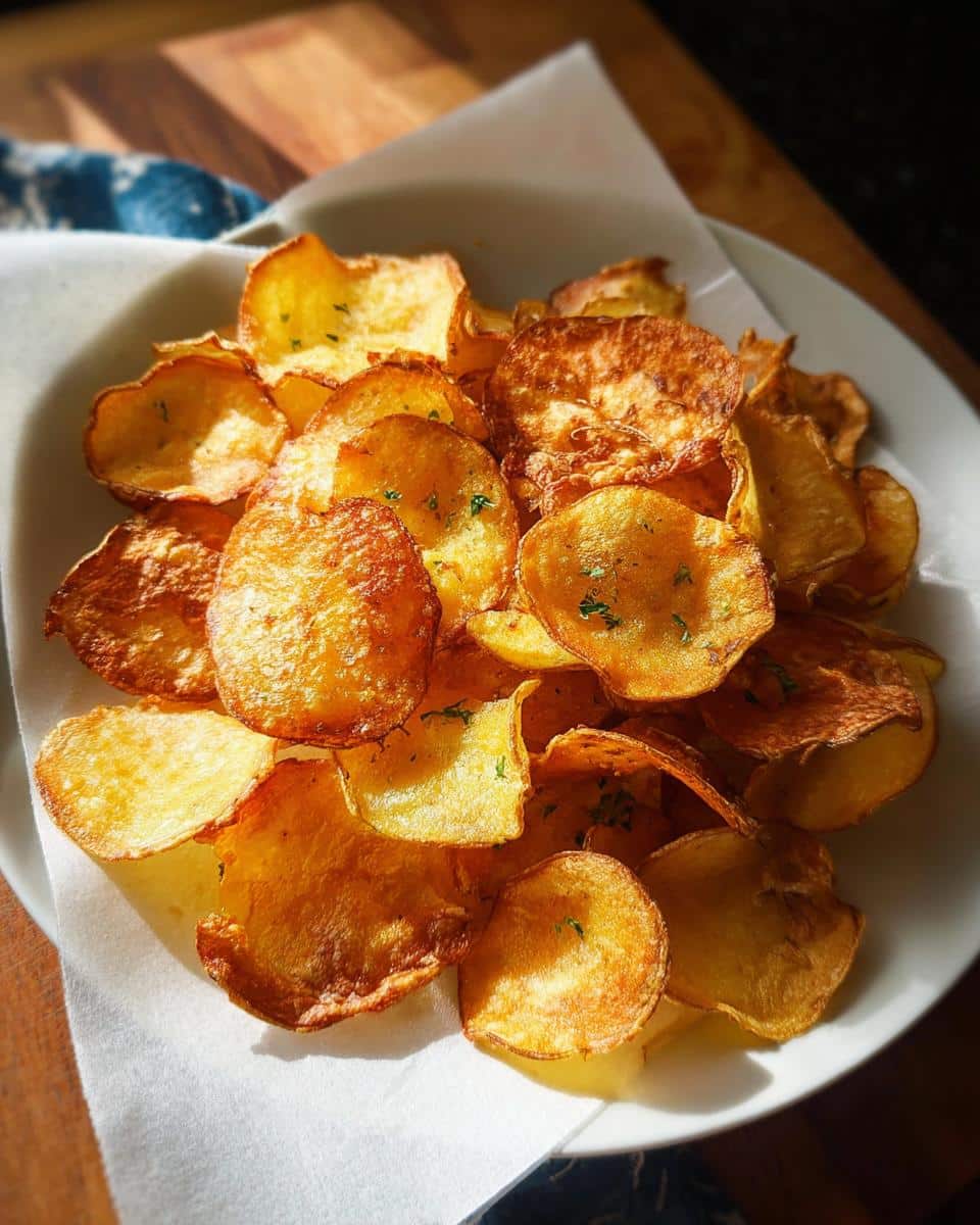A white bowl filled with golden brown Air Fryer Crispy Potato Chips, lightly sprinkled with herbs.