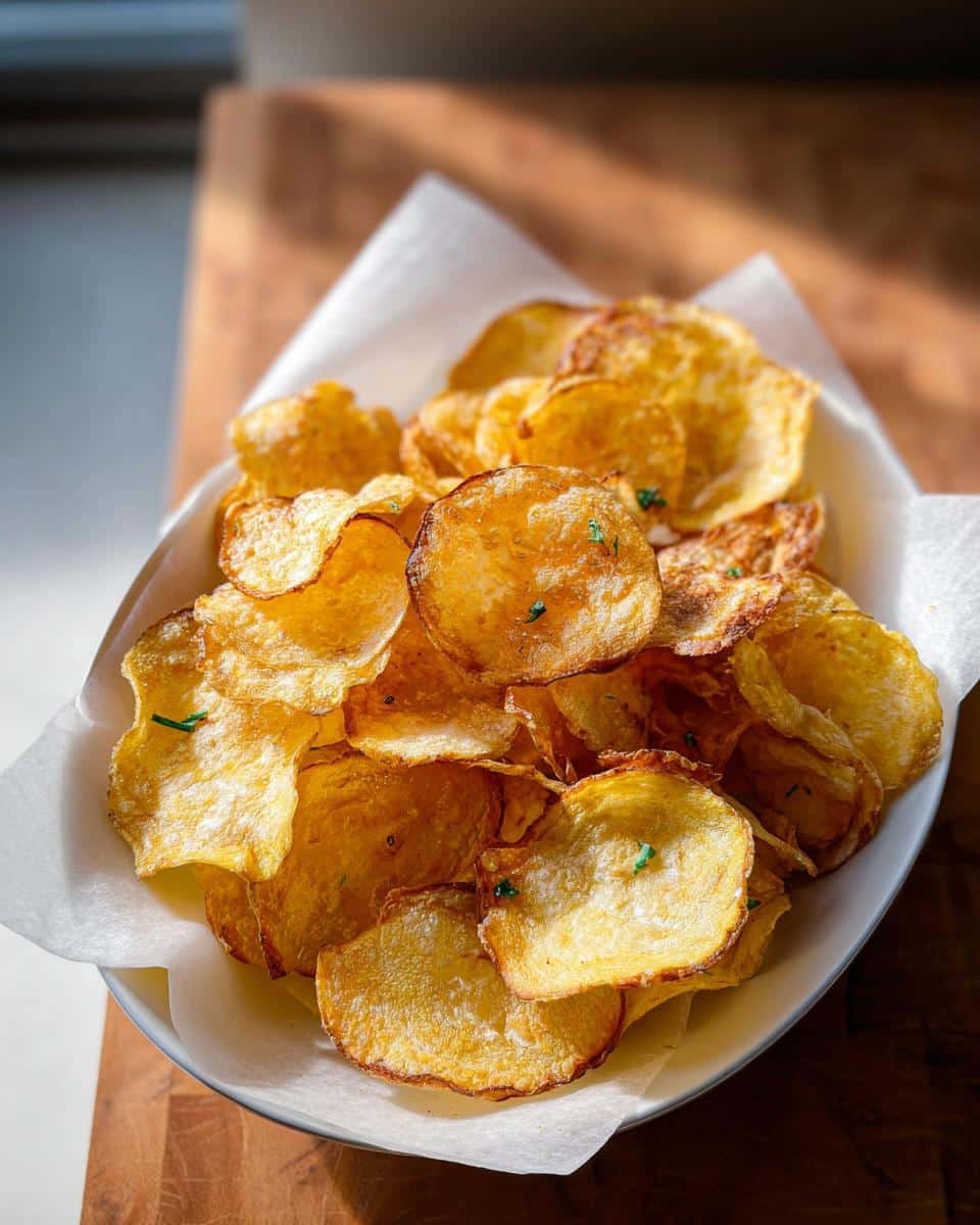A bowl filled with golden brown, thinly sliced Air Fryer Crispy Potato Chips, garnished with tiny green herbs.