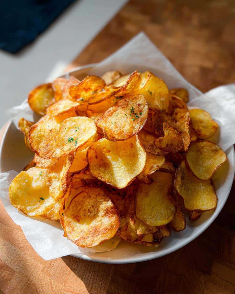 A white bowl filled with golden brown Air Fryer Crispy Potato Chips, lightly sprinkled with green herbs.