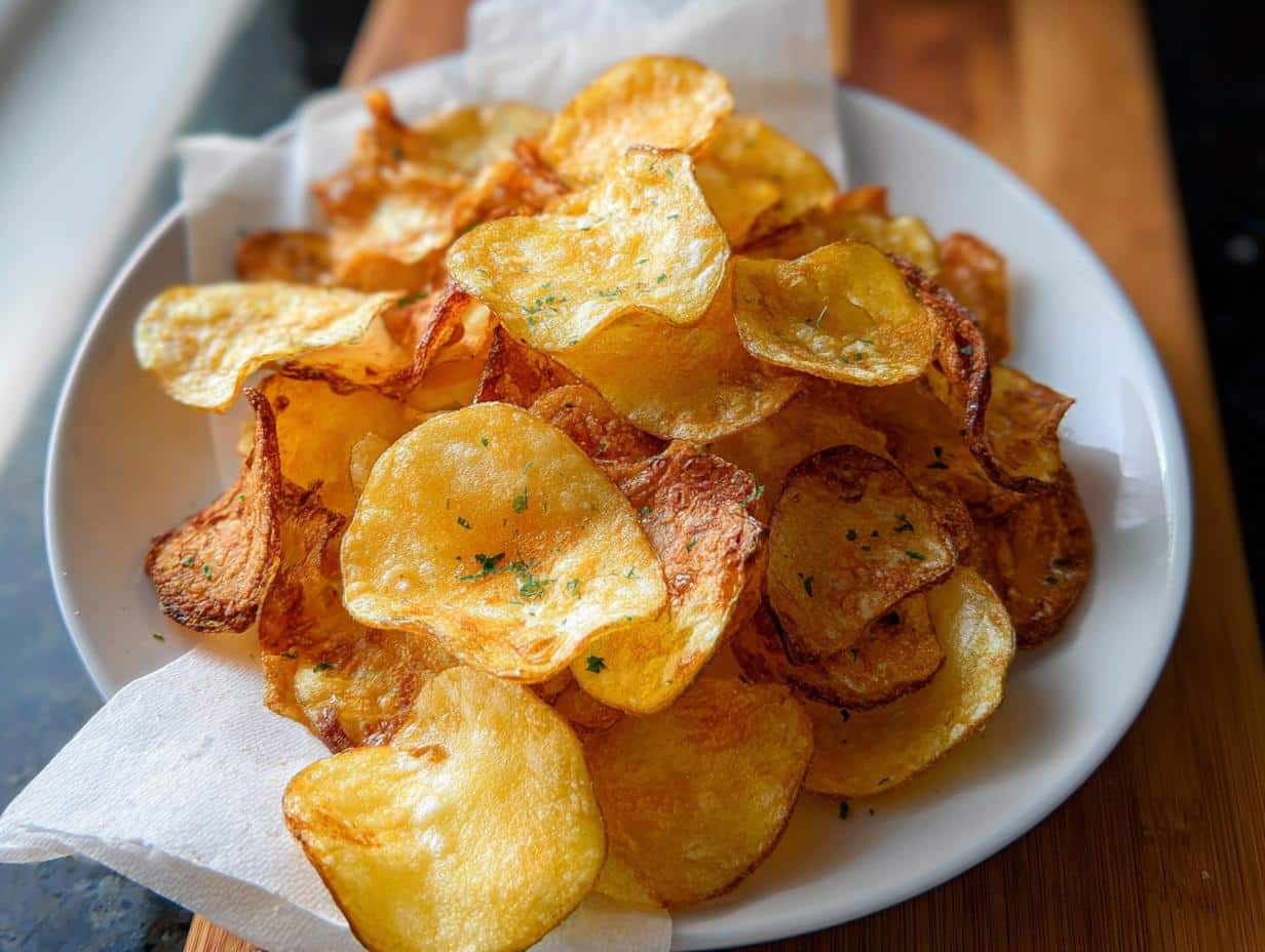 A close-up of a white bowl filled with golden, crispy Air Fryer Crispy Potato Chips, lightly seasoned with herbs.