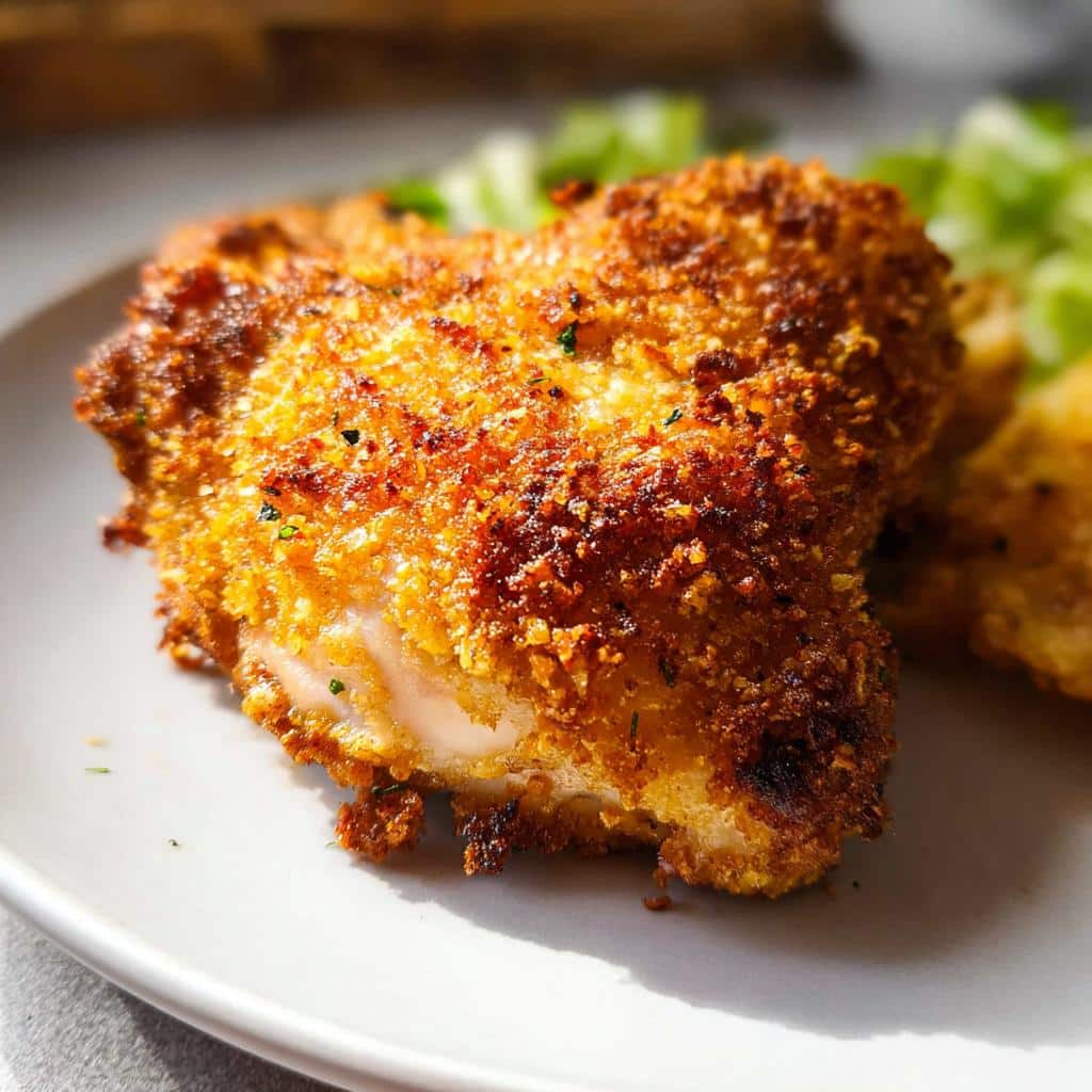 Close-up of a golden brown, crispy Air Fryer Parmesan Chicken Thighs on a white plate.