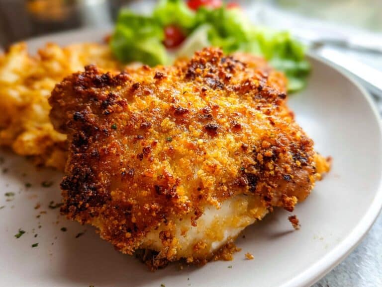 Close-up of a perfectly cooked Air Fryer Parmesan Chicken Thighs with a golden, crispy crust.