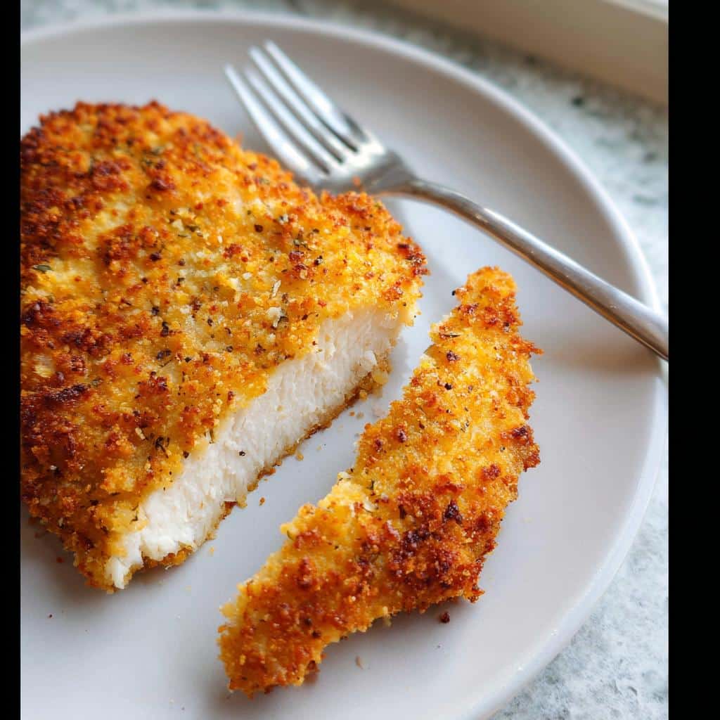 Close-up of a juicy Air Fryer Parmesan Crusted Chicken Breast, cut open to show white meat and golden crust.