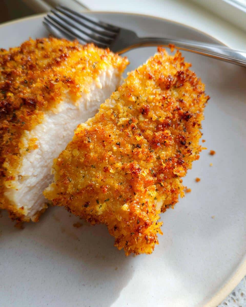 Close-up of Air Fryer Parmesan Crusted Chicken Breasts, cut open to show juicy white meat and golden crust.