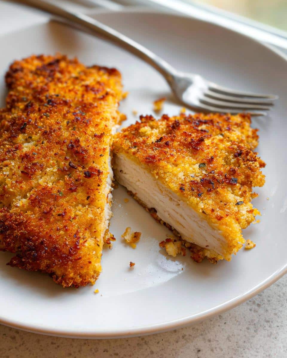Close-up of Air Fryer Parmesan Crusted Chicken Breasts, showing a golden crust and moist white interior.