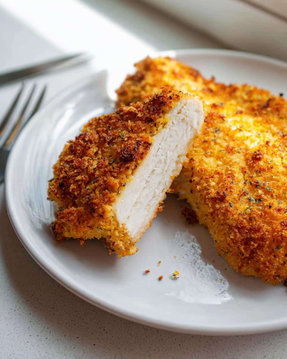Close-up of Air Fryer Parmesan Crusted Chicken Breast cut in half showing juicy white meat and golden crust.