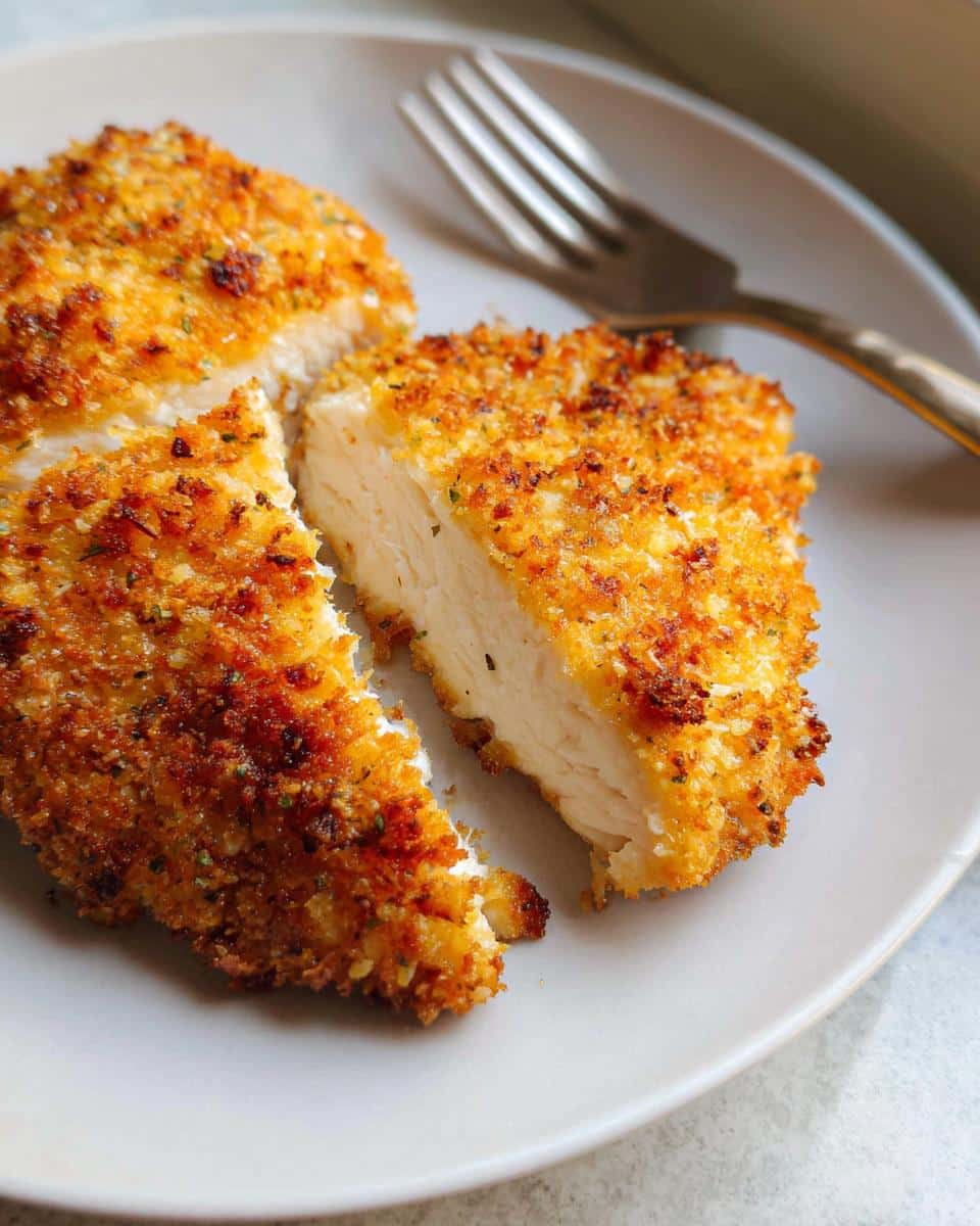 Close-up of Air Fryer Parmesan Crusted Chicken Breasts, sliced to show juicy interior and golden crust.