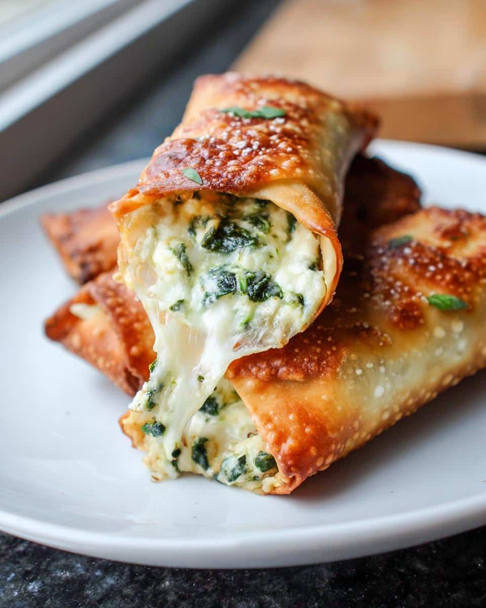 Close-up of Air-Fryer Spinach Artichoke Egg Rolls with melted cheese stretching out from the crispy wrapper.