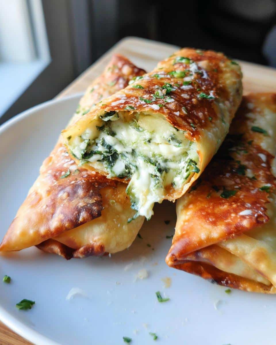 Close-up of crispy Air-Fryer Spinach Artichoke Egg Rolls, one broken open showing the cheesy spinach filling.