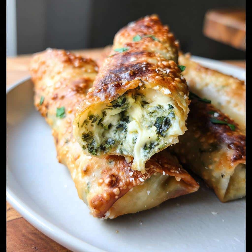 Close-up of Air-Fryer Spinach Artichoke Egg Rolls, one is broken open showing cheesy spinach filling.